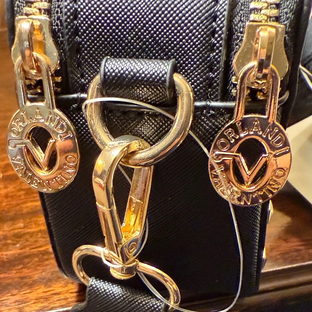 NWT Valentino Orlandi Black Gold Studded Textured Crossbody Camera Bag Purse
